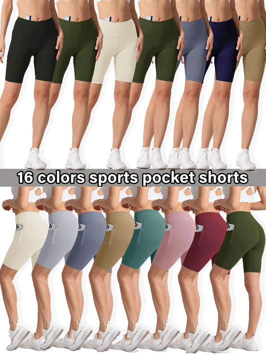 2XXL 16Colors Pockets High Waist Shorts Woman Solid Color Fitness Skinny Stretch Sport Shorts Compression Athletic Pockets Pants